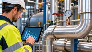 Operario industrial revisando una instalación de vapor y analizando su consumo energético en una tableta
